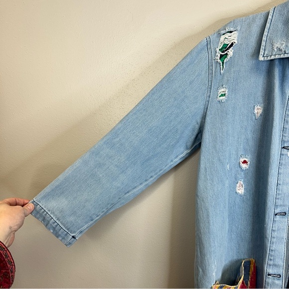 Upcycled Country Vibes Long Light Blue Denim Jacket Womens L Festival Cowgirl - Picture 10 of 15